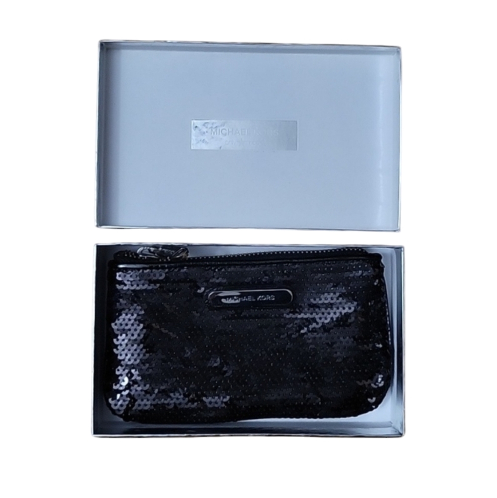 MICHAEL KORS| Sequin Purse Black Small Party Clutch Pouchette Wristlet